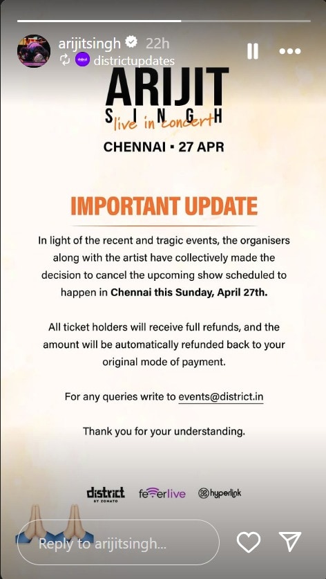 Arijit Singh Cancels Chennai Concert After Pahalgam Attack, Promises Ticket Refunds