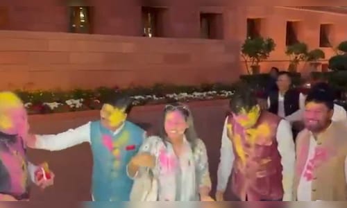 Parliament on a Holi break: MPs celebrate with colours and songs on premises | Watch