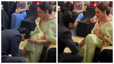 Taha Shah Badussha touches Rekha’s feet to seek her blessings; engages in animated conversation with Sara Ali Khan |