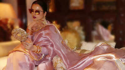 Rekha wows in onion pink Banarasi silk saree at Mira Rajput’s wellness brand launch