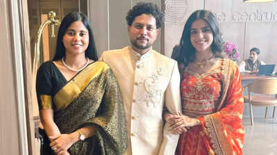 Rinku Singh’s would-be-bride, Priya Saroj looks elegant in a black-gold saree at Kuldeep Yadav’s engagement bash |