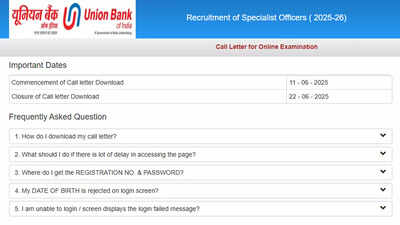 Union Bank SO admit card 2025 released at unionbankofindia.co.in for June 22 exam; download here