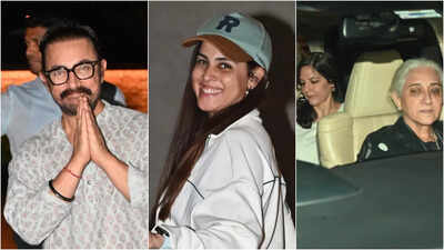 Aamir Khan arrives with girlfriend Gauri Spratt for Sitaare Zameen Par screening, his elder sister Nikhat Khan Hegde and Genelia D’Souza join them