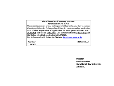 GNDU recruitment 2025: Apply for officer on special duty posts at gndu.ac.in; Key dates announced