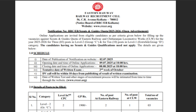 Eastern Railway recruitment 2025: Registration for Level 1 & 2 posts begins July 9 at rrcer.org, Check eligibility, exam details
