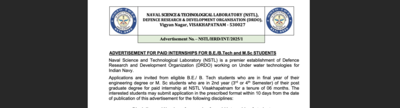DRDO paid internship 2025 applications open for B.E./B.Tech and M.Sc students: Check key details here
