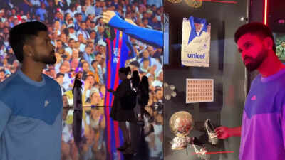 Watch: Shreyas Iyer visits FC Barcelona museum, shows off Barca jersey | Cricket News