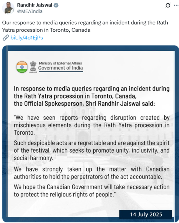 India slams Rath Yatra disruption in Toronto, calls incident ‘despicable’; urges Canada to act against perpetrators | India News