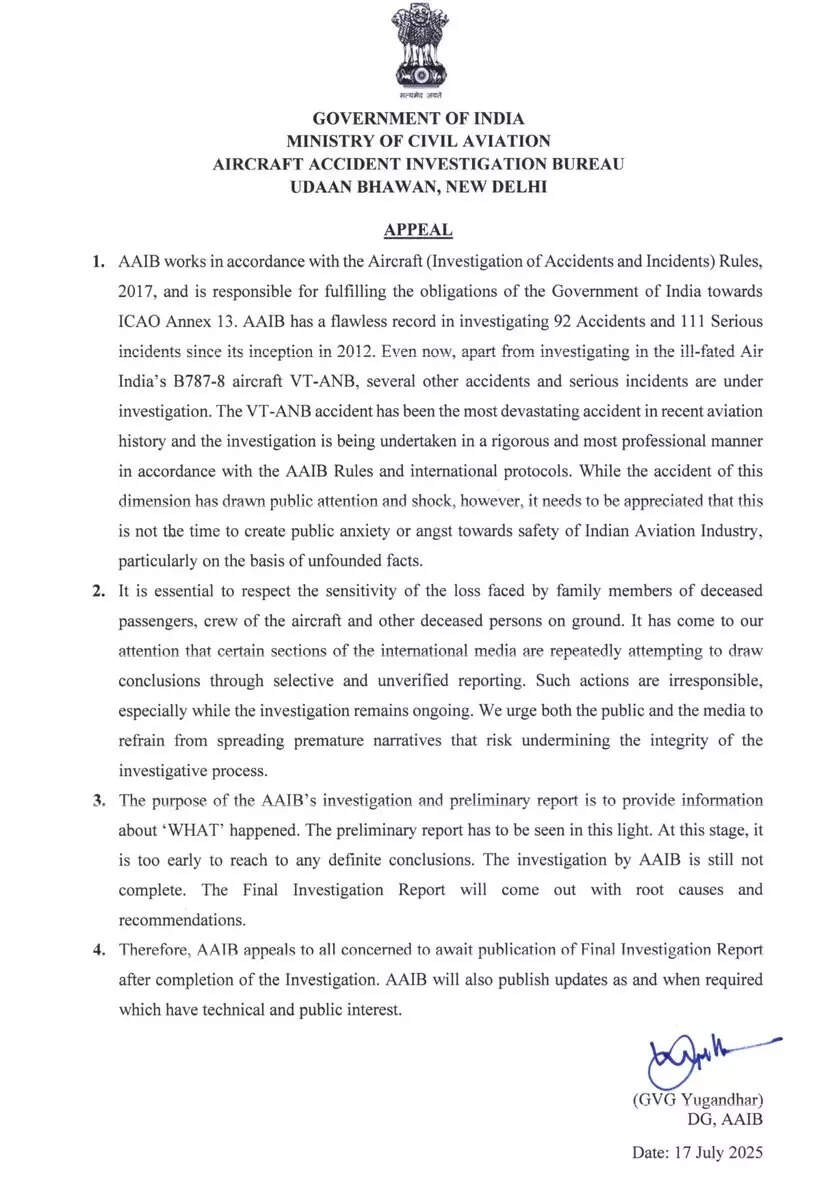 AI 171 crash: AAIB slams ‘irresponsible conclusions’ after US media claims says Captain ‘turned off fuel switches’