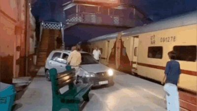 Watch: Drunk man drives car onto Meerut railway platform, narrowly misses train; arrested | India News