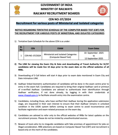 RRB exam schedule for Ministerial and Isolated posts 2025 released at rrbcdg.gov.in: Check important dates here