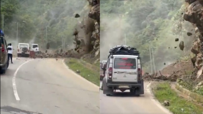 Watch: Commuters flee as rocks fall in Arunachal; border route blocked by landslide | India News