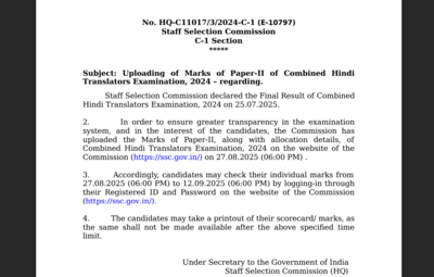 SSC CHT paper 2 marks released at ssc.gov.in: Check direct link to download here