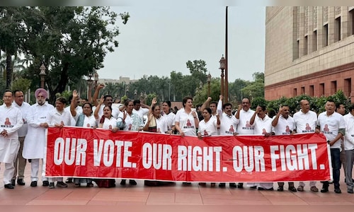 INDIA bloc MPs wear white t-shirts featuring 124-yr-old ‘Minta Devi’ to protest against Bihar SIR | Watch