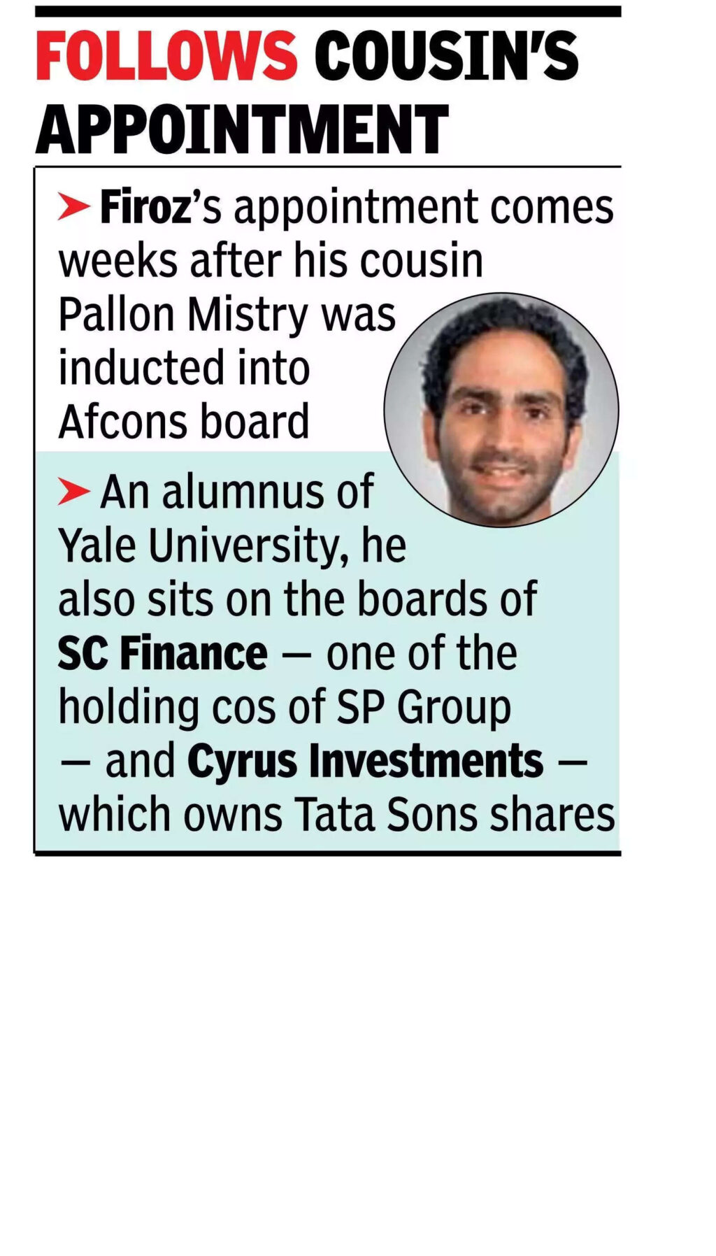 Cyrus Mistry’s son Firoz joins Afcons board