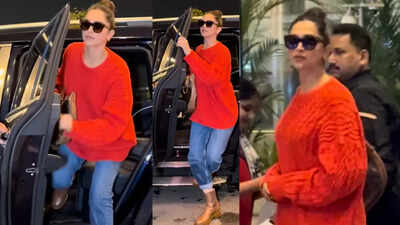 Deepika Padukone keeps it cool in red sweater and denim for airport look; flashes smile before jetting off in style | Hindi Movie News