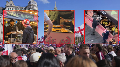 Irony! Anti-immigrant protesters at Tommy Robinson’s ‘Unite the Kingdom’ rally feast on Indian onion bhajis -watch