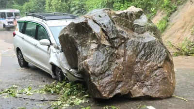 Chilling video from Nainital: Massive boulder falls on car; heavy rains turning state roads into death traps | Dehradun News