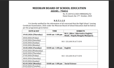 MBSE releases Mizoram board exam 2026 datesheet for HSLC and HSSLC: Check important dates here