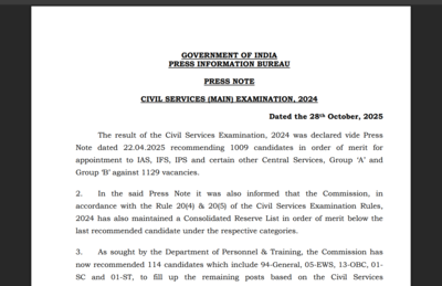 UPSC releases reserve list: 114 more candidates cleared for top civil services posts, check details here