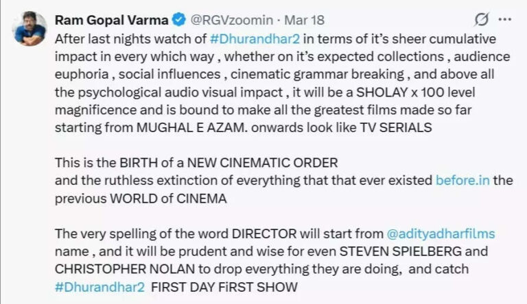 Ram Gopal Varma: ‘Dhurandhar: The Revenge’: Ram Gopal Varma hypes up Ranveer Singh starrer; says, ‘People who watched…’ |