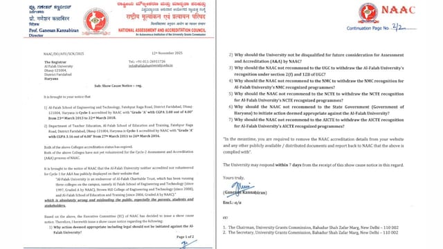 Delhi Terror Attack: Al-Falah University gets NAAC show-cause notice over false accreditation claim