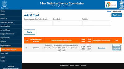 Bihar BTSC staff nurse admit card 2026 released for document verification; check schedule and required documents