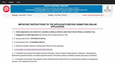 Scr Apprentice Recruitment 2026: RRC SCR Apprentice Recruitment 2026 notification closes today for 2801 posts; apply here